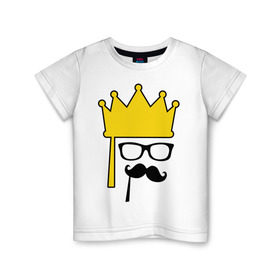 Детская футболка хлопок с принтом Мужская корона и очки в Тюмени, 100% хлопок | круглый вырез горловины, полуприлегающий силуэт, длина до линии бедер | король | корона | очки | усы