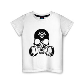 Детская футболка хлопок с принтом Радиоактивность в Тюмени, 100% хлопок | круглый вырез горловины, полуприлегающий силуэт, длина до линии бедер | Тематика изображения на принте: биологическая угроза | противогаз | радиация | респиратор | череп