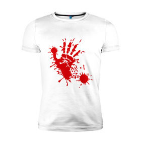 Мужская футболка премиум с принтом Кровавый отпечаток руки в Тюмени, 92% хлопок, 8% лайкра | приталенный силуэт, круглый вырез ворота, длина до линии бедра, короткий рукав | Тематика изображения на принте: кровь | отпечаток | пятно | рука | след