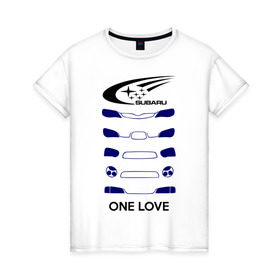 Женская футболка хлопок с принтом One love subaru в Тюмени, 100% хлопок | прямой крой, круглый вырез горловины, длина до линии бедер, слегка спущенное плечо | Тематика изображения на принте: logo | one love | sti | subaru | авто | лого | субарик | субару