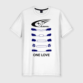 Мужская футболка премиум с принтом One love subaru в Тюмени, 92% хлопок, 8% лайкра | приталенный силуэт, круглый вырез ворота, длина до линии бедра, короткий рукав | logo | one love | sti | subaru | авто | лого | субарик | субару