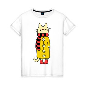 Женская футболка хлопок с принтом Киса в пальто в Тюмени, 100% хлопок | прямой крой, круглый вырез горловины, длина до линии бедер, слегка спущенное плечо | cat | киса | котик | кошка | пальто | шарфик