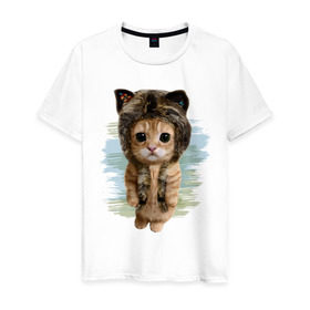 Мужская футболка хлопок с принтом Милый котик в Тюмени, 100% хлопок | прямой крой, круглый вырез горловины, длина до линии бедер, слегка спущенное плечо. | Тематика изображения на принте: cat | киса | котик | кошка | милаха | милый котик | шапка