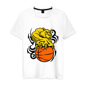 Мужская футболка хлопок с принтом Тигр с мячом в Тюмени, 100% хлопок | прямой крой, круглый вырез горловины, длина до линии бедер, слегка спущенное плечо. | basketball | баскетбол | мяч | пантера | тигр