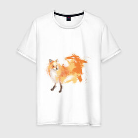 Мужская футболка хлопок с принтом Лиса акварель в Тюмени, 100% хлопок | прямой крой, круглый вырез горловины, длина до линии бедер, слегка спущенное плечо. | fox | акварель | животные | лисы | мило