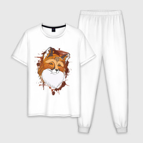 Мужская пижама хлопок с принтом Лиса в Тюмени, 100% хлопок | брюки и футболка прямого кроя, без карманов, на брюках мягкая резинка на поясе и по низу штанин
 | fox | акварель | животные | лисы | мило