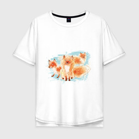 Мужская футболка хлопок Oversize с принтом Лисички в Тюмени, 100% хлопок | свободный крой, круглый ворот, “спинка” длиннее передней части | fox | акварель | животные | лисы | мило