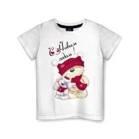 Детская футболка хлопок с принтом Новогодние мишка с зайкой в Тюмени, 100% хлопок | круглый вырез горловины, полуприлегающий силуэт, длина до линии бедер | игрушка | медведь | мишка | новый год | пес | собака | шапка