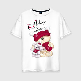 Женская футболка хлопок Oversize с принтом Новогодние мишка с зайкой в Тюмени, 100% хлопок | свободный крой, круглый ворот, спущенный рукав, длина до линии бедер
 | игрушка | медведь | мишка | новый год | пес | собака | шапка