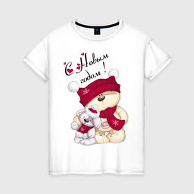 Женская футболка хлопок с принтом Новогодние мишка с зайкой в Тюмени, 100% хлопок | прямой крой, круглый вырез горловины, длина до линии бедер, слегка спущенное плечо | игрушка | медведь | мишка | новый год | пес | собака | шапка