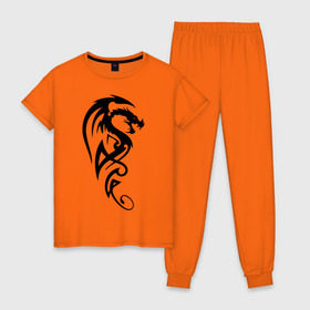 Женская пижама хлопок с принтом Дракон (стильный трайбл) в Тюмени, 100% хлопок | брюки и футболка прямого кроя, без карманов, на брюках мягкая резинка на поясе и по низу штанин | dragon | tattoo | дракон | тату | трайбл
