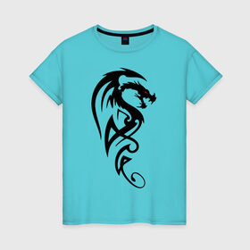 Женская футболка хлопок с принтом Дракон (стильный трайбл) в Тюмени, 100% хлопок | прямой крой, круглый вырез горловины, длина до линии бедер, слегка спущенное плечо | Тематика изображения на принте: dragon | tattoo | дракон | тату | трайбл