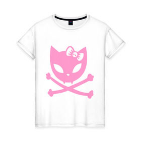 Женская футболка хлопок с принтом Плохая киска в Тюмени, 100% хлопок | прямой крой, круглый вырез горловины, длина до линии бедер, слегка спущенное плечо | бант | киса | кости | кошка | череп