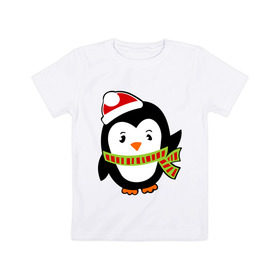 Детская футболка хлопок с принтом Зимний пингвинчик в Тюмени, 100% хлопок | круглый вырез горловины, полуприлегающий силуэт, длина до линии бедер | пингвин