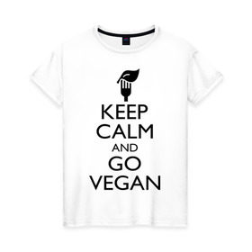 Женская футболка хлопок с принтом Keep calm and go vegan в Тюмени, 100% хлопок | прямой крой, круглый вырез горловины, длина до линии бедер, слегка спущенное плечо | keep calm | vegan | веган | вегетарианец | сохраняй спокойствие