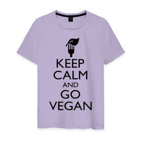 Мужская футболка хлопок с принтом Keep calm and go vegan в Тюмени, 100% хлопок | прямой крой, круглый вырез горловины, длина до линии бедер, слегка спущенное плечо. | Тематика изображения на принте: keep calm | vegan | веган | вегетарианец | сохраняй спокойствие