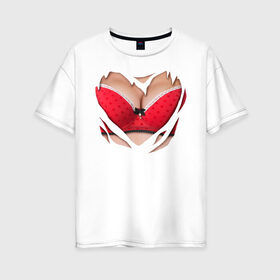 Женская футболка хлопок Oversize с принтом Красный бюст в Тюмени, 100% хлопок | свободный крой, круглый ворот, спущенный рукав, длина до линии бедер
 | 2015 | бюст | бюстгальтер | костюм | красный бюст | лифон | лифчик | новый год | праздник