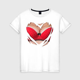 Женская футболка хлопок с принтом Красный бюст в Тюмени, 100% хлопок | прямой крой, круглый вырез горловины, длина до линии бедер, слегка спущенное плечо | 2015 | бюст | бюстгальтер | костюм | красный бюст | лифон | лифчик | новый год | праздник