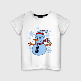 Детская футболка хлопок с принтом Снеговичок в Тюмени, 100% хлопок | круглый вырез горловины, полуприлегающий силуэт, длина до линии бедер | Тематика изображения на принте: зима | новый год | снег | снеговик
