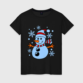 Женская футболка хлопок с принтом Снеговичок в Тюмени, 100% хлопок | прямой крой, круглый вырез горловины, длина до линии бедер, слегка спущенное плечо | зима | новый год | снег | снеговик