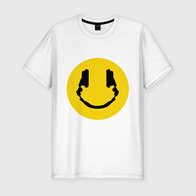Мужская футболка премиум с принтом Smile Music в Тюмени, 92% хлопок, 8% лайкра | приталенный силуэт, круглый вырез ворота, длина до линии бедра, короткий рукав | Тематика изображения на принте: music | smile | смайл наушники