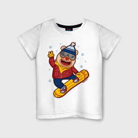 Детская футболка хлопок с принтом Мишка сноубордист в Тюмени, 100% хлопок | круглый вырез горловины, полуприлегающий силуэт, длина до линии бедер | борд | медведь | мишка | снег | снежинки | сноуборд | сноубордист