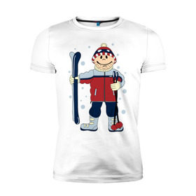 Мужская футболка премиум с принтом Лыжник в Тюмени, 92% хлопок, 8% лайкра | приталенный силуэт, круглый вырез ворота, длина до линии бедра, короткий рукав | лыжи | лыжник | палки | снег | снежинки | спорт