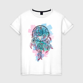 Женская футболка хлопок с принтом Ловец снов в Тюмени, 100% хлопок | прямой крой, круглый вырез горловины, длина до линии бедер, слегка спущенное плечо | амулет | ловец снов | оберег | перо | перья | сон