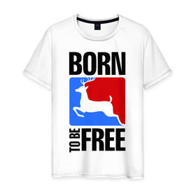 Мужская футболка хлопок с принтом Born to be free в Тюмени, 100% хлопок | прямой крой, круглый вырез горловины, длина до линии бедер, слегка спущенное плечо. | Тематика изображения на принте: born | free | олень | рожден | свобода | свободный