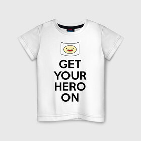 Детская футболка хлопок с принтом Get your hero on в Тюмени, 100% хлопок | круглый вырез горловины, полуприлегающий силуэт, длина до линии бедер | Тематика изображения на принте: adventure time | время приключений | финн