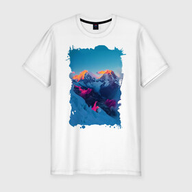 Мужская футболка премиум с принтом Снежные горы в Тюмени, 92% хлопок, 8% лайкра | приталенный силуэт, круглый вырез ворота, длина до линии бедра, короткий рукав | Тематика изображения на принте: пейзаж | рассвет