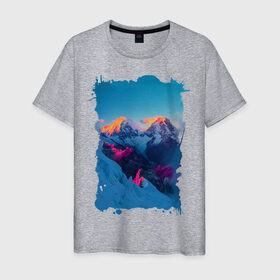 Мужская футболка хлопок с принтом Снежные горы в Тюмени, 100% хлопок | прямой крой, круглый вырез горловины, длина до линии бедер, слегка спущенное плечо. | пейзаж | рассвет