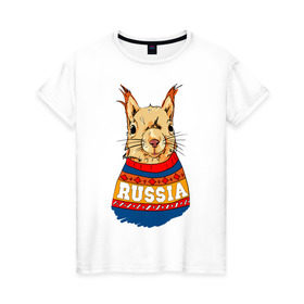 Женская футболка хлопок с принтом Белка made in Russia в Тюмени, 100% хлопок | прямой крой, круглый вырез горловины, длина до линии бедер, слегка спущенное плечо | made in russia | mountain | russia | белка | кофта | патриот | россия | свитер