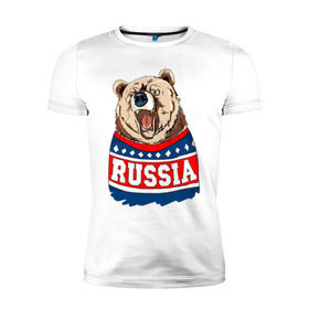 Мужская футболка премиум с принтом Медведь made in Russia в Тюмени, 92% хлопок, 8% лайкра | приталенный силуэт, круглый вырез ворота, длина до линии бедра, короткий рукав | made in russia | mountain | russia | кофта | медведь | мишка | патриот | россия | свитер