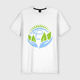 Мужская футболка премиум с принтом Планету нужно беречь в Тюмени, 92% хлопок, 8% лайкра | приталенный силуэт, круглый вырез ворота, длина до линии бедра, короткий рукав | green peace | гринпис | забота | охрана | планета | природа