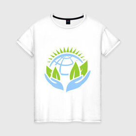 Женская футболка хлопок с принтом Планету нужно беречь в Тюмени, 100% хлопок | прямой крой, круглый вырез горловины, длина до линии бедер, слегка спущенное плечо | green peace | гринпис | забота | охрана | планета | природа