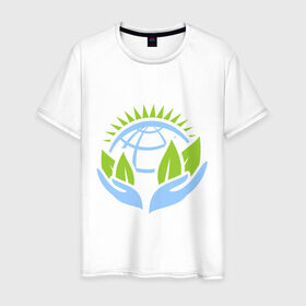 Мужская футболка хлопок с принтом Планету нужно беречь в Тюмени, 100% хлопок | прямой крой, круглый вырез горловины, длина до линии бедер, слегка спущенное плечо. | green peace | гринпис | забота | охрана | планета | природа