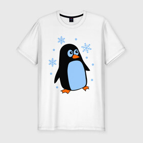 Мужская футболка премиум с принтом Пингвин под снегом в Тюмени, 92% хлопок, 8% лайкра | приталенный силуэт, круглый вырез ворота, длина до линии бедра, короткий рукав | пингвин
