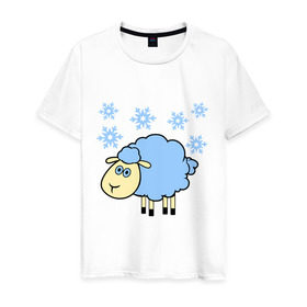 Мужская футболка хлопок с принтом Овечка и снег в Тюмени, 100% хлопок | прямой крой, круглый вырез горловины, длина до линии бедер, слегка спущенное плечо. | Тематика изображения на принте: 2015 | new year | новый год | овца | снег | снежинки
