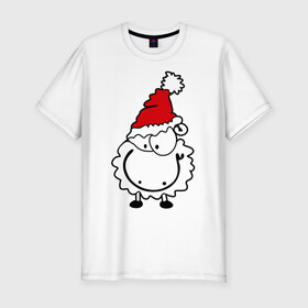 Мужская футболка премиум с принтом Счастливая овечка в Тюмени, 92% хлопок, 8% лайкра | приталенный силуэт, круглый вырез ворота, длина до линии бедра, короткий рукав | Тематика изображения на принте: 2015 | new year | новый год | овечка | овца | счастье
