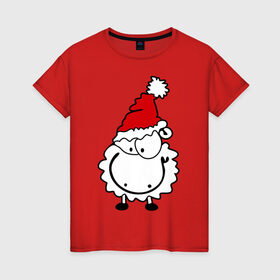 Женская футболка хлопок с принтом Счастливая овечка в Тюмени, 100% хлопок | прямой крой, круглый вырез горловины, длина до линии бедер, слегка спущенное плечо | 2015 | new year | новый год | овечка | овца | счастье