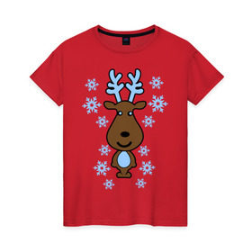 Женская футболка хлопок с принтом Милый олень и снежинки в Тюмени, 100% хлопок | прямой крой, круглый вырез горловины, длина до линии бедер, слегка спущенное плечо | Тематика изображения на принте: new year | новый год | олень | снег | снежинки