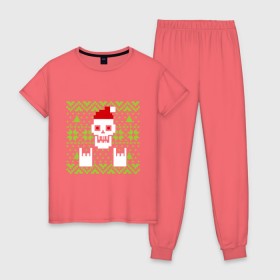 Женская пижама хлопок с принтом Новогодний череп в Тюмени, 100% хлопок | брюки и футболка прямого кроя, без карманов, на брюках мягкая резинка на поясе и по низу штанин | вязка | кости | нг | новый год | пальцы | узор | череп | шапка