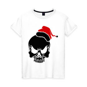 Женская футболка хлопок с принтом Череп в новогодней шапке в Тюмени, 100% хлопок | прямой крой, круглый вырез горловины, длина до линии бедер, слегка спущенное плечо | скелет