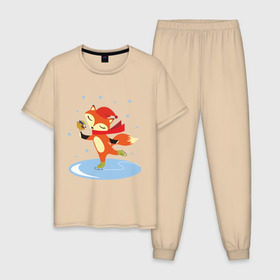 Мужская пижама хлопок с принтом Лиса на коньках в Тюмени, 100% хлопок | брюки и футболка прямого кроя, без карманов, на брюках мягкая резинка на поясе и по низу штанин
 | Тематика изображения на принте: лиса