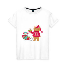 Женская футболка хлопок с принтом Медведь и сова в Тюмени, 100% хлопок | прямой крой, круглый вырез горловины, длина до линии бедер, слегка спущенное плечо | Тематика изображения на принте: венок | медведь. сова. санки | новый год | подарки | праздник | снег | снежинки | холод | шапки