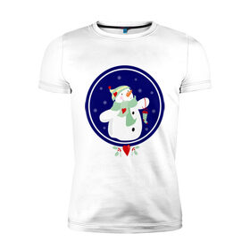 Мужская футболка премиум с принтом Снеговик в Тюмени, 92% хлопок, 8% лайкра | приталенный силуэт, круглый вырез ворота, длина до линии бедра, короткий рукав | новый год | праздник | снег | снеговик | снежинки | холод | шапки