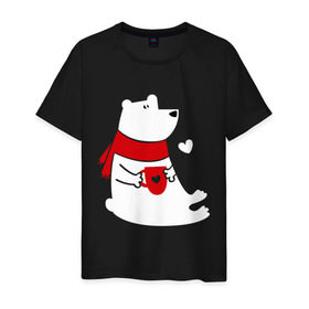 Мужская футболка хлопок с принтом Белый мишка в Тюмени, 100% хлопок | прямой крой, круглый вырез горловины, длина до линии бедер, слегка спущенное плечо. | белый мишка | животные. птицы | зима | кружка | новый год | снег | шарф