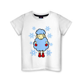 Детская футболка хлопок с принтом Барашек и снежинки в Тюмени, 100% хлопок | круглый вырез горловины, полуприлегающий силуэт, длина до линии бедер | барашек | зима | новый год | овечка | овца | снег | снежинки