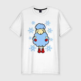 Мужская футболка премиум с принтом Барашек и снежинки в Тюмени, 92% хлопок, 8% лайкра | приталенный силуэт, круглый вырез ворота, длина до линии бедра, короткий рукав | Тематика изображения на принте: барашек | зима | новый год | овечка | овца | снег | снежинки